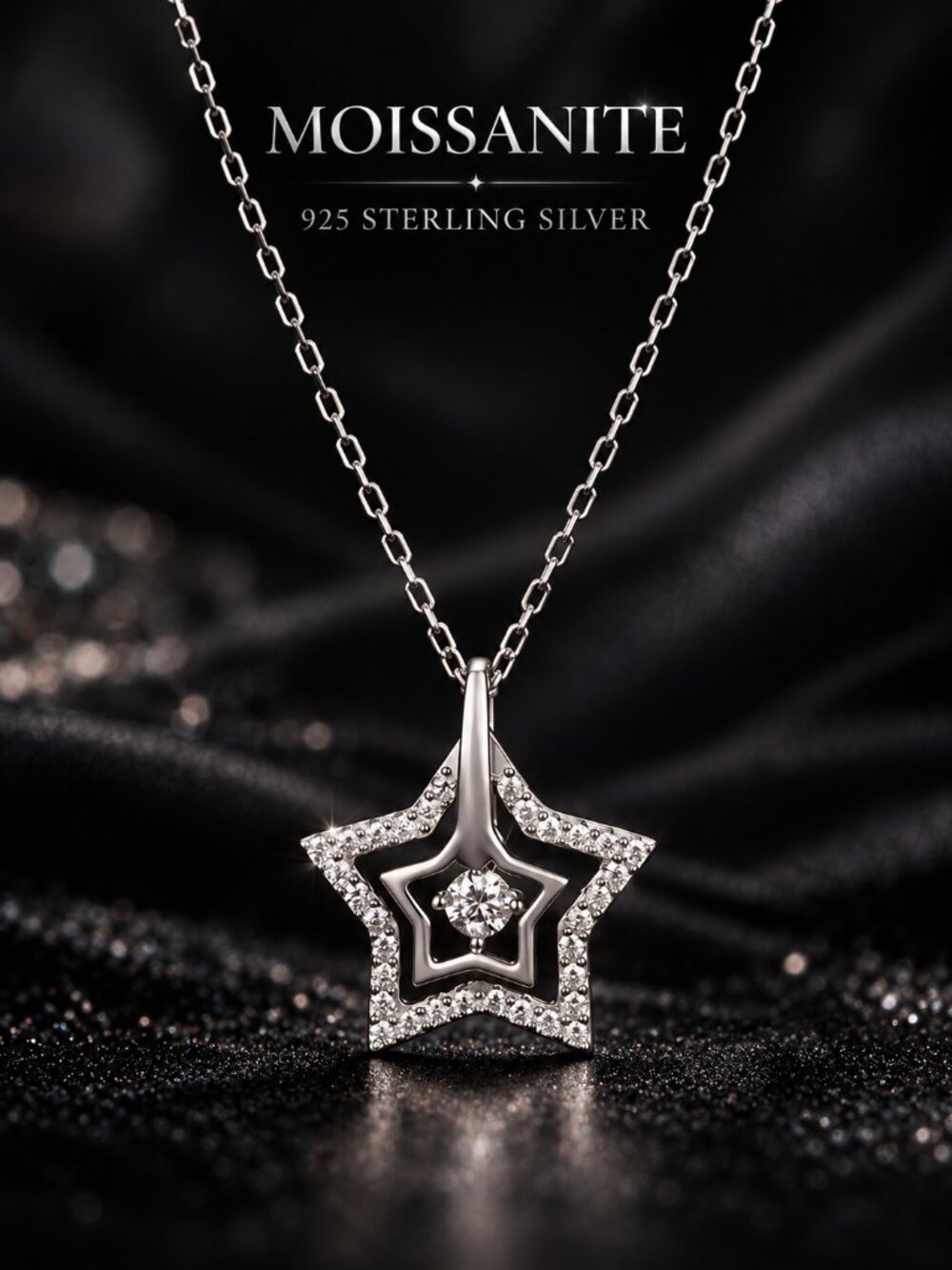 Moissanite Star Pendant Necklace, 925 Sterling Silver Jewelry, D Color VVS1